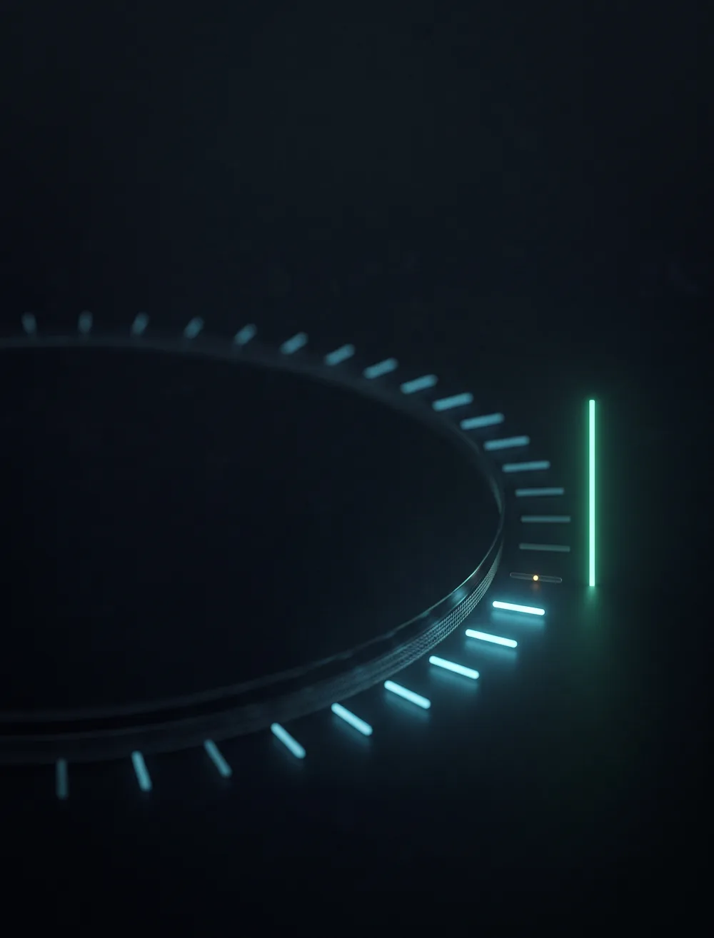 An arc of luminous markers brightening toward a single approaching line.