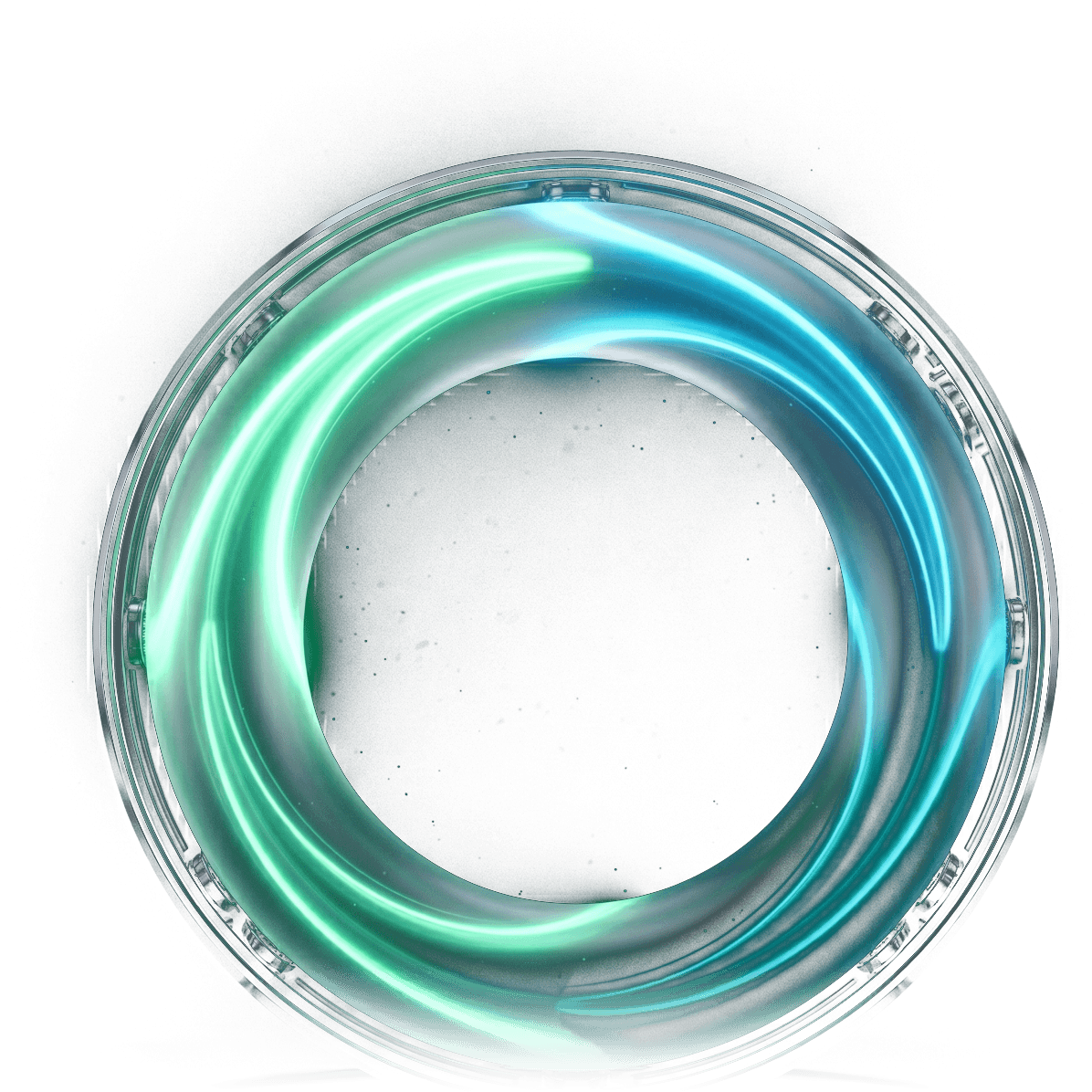 The KrimOS flywheel, a glass ring of light turning through validate, act, record and learn, cyan warming to mint as the cycle compounds.