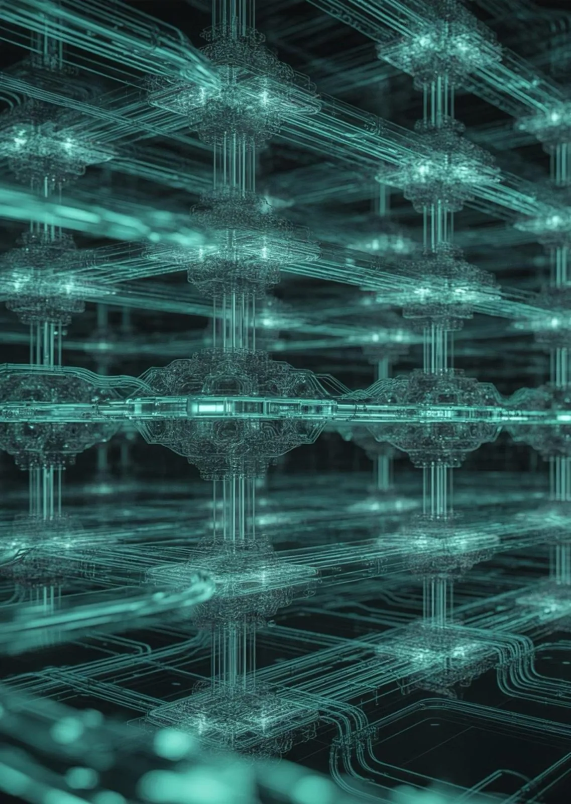 An endless teal lattice of interconnected nodes, the runtime under a whole lending operation.