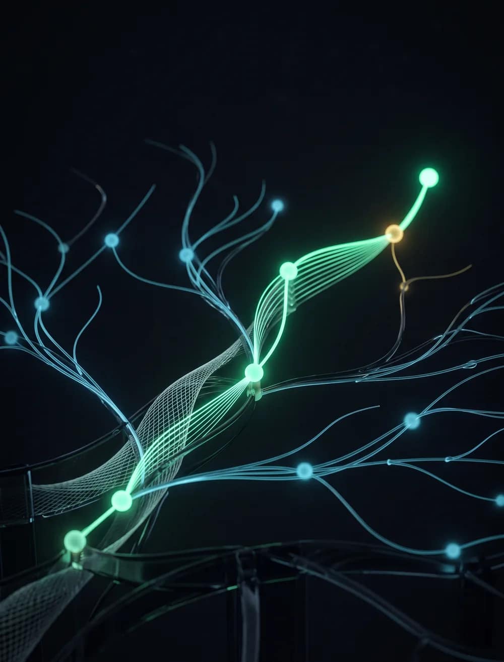 Branching paths of light, one continuous route threading through nodes to a resolved point.