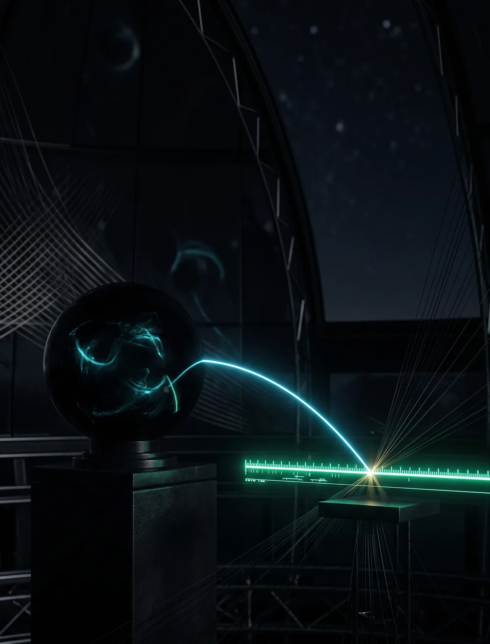 A sealed black sphere whose single beam of light lands on one legible, luminous line.