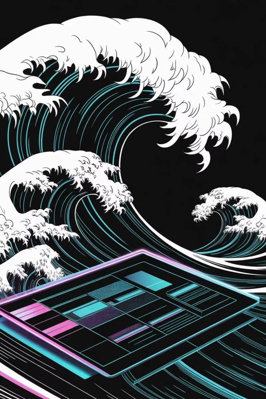 A vast wave rising over a digital grid, the weight of one wrong action.