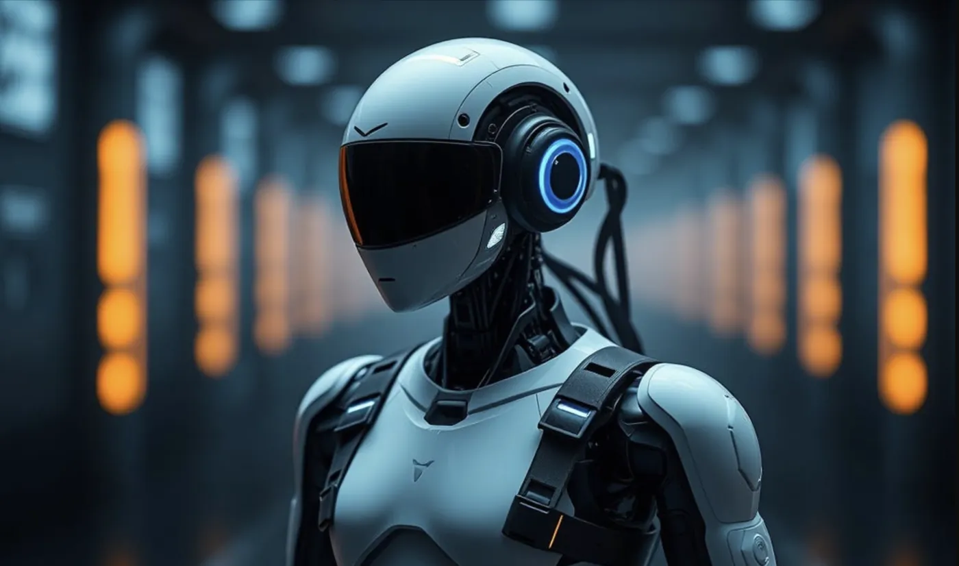 A humanoid AI agent in white armour standing ready in a dark facility — the agent itself, capable and waiting, before the harness makes it deployable.